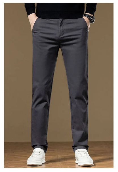 Classical Men's Casual Pants Straight Leg Elastic Solid Color Business Trousers Fashionable Soft Comfortable  Clothes Long Pants