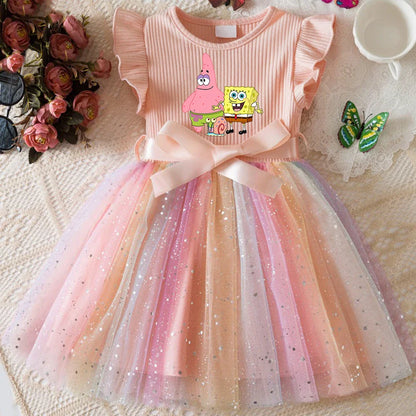Sweet Girls Flying Sleeves Bow Sequin Dress Kids Baby Girl Birthday Party Fluffy Tutu Princess Dress 1-5Y