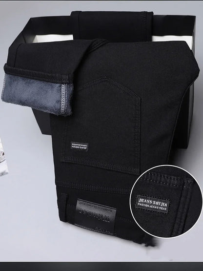 Men New Winter Classics Fleece Thick Warm Jeans Men's Loose Straight Elastic Denim Pants Casual Plush Trousers Large Size 28-40
