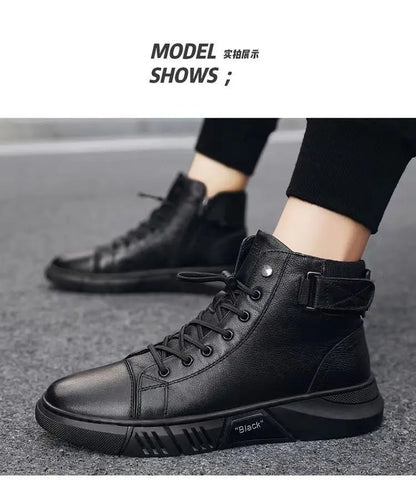 Ankle Boots Black PU Leather Men's Sports Shoes Autumn Winter Comfortable High-top Casual Fashion Platform Boots Man Round Head