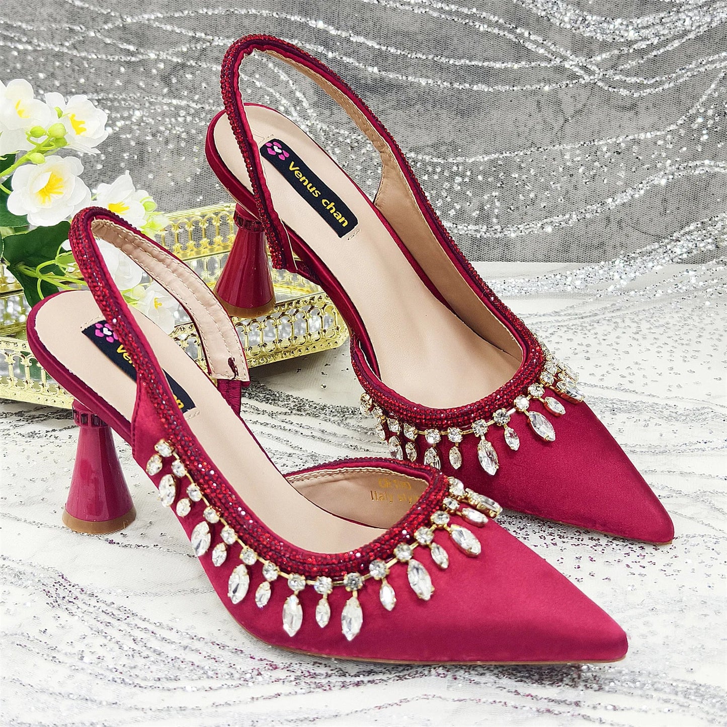 Pointed-Toe High Women Heels Shoes and Bags for Women Rhinestone Evening Party Elegant Luxury Handbag