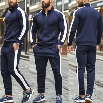 2025 Spring Autumn Men's 2-Piece Set Color Blocking Zipper Stand Collar Casual Sports Jacket Sweatshirt Trousers Suit