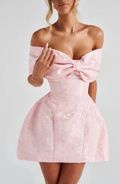 Fashionable And Sweet Slim Fit Jacquard Strapless Tie Bow One Shoulder Short Skirt American Sexy Temperament Solid Color Dresses