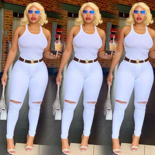Women's White High Waist Ripped Jeans Casual Female Clothing