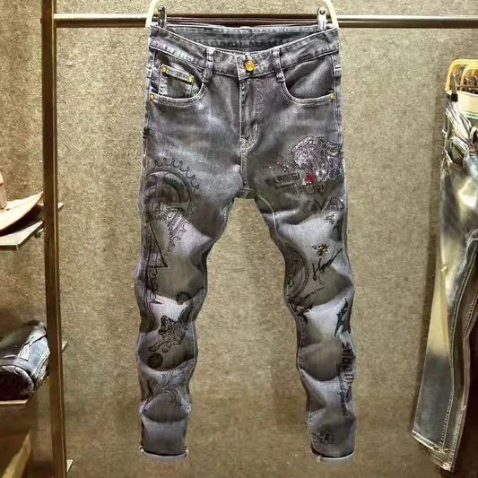 Spring and Autumn New Fashion Trend Print Retro Straight Leg Sports Denim Pants Men's Casual Slim Breathable High-Quality Jeans