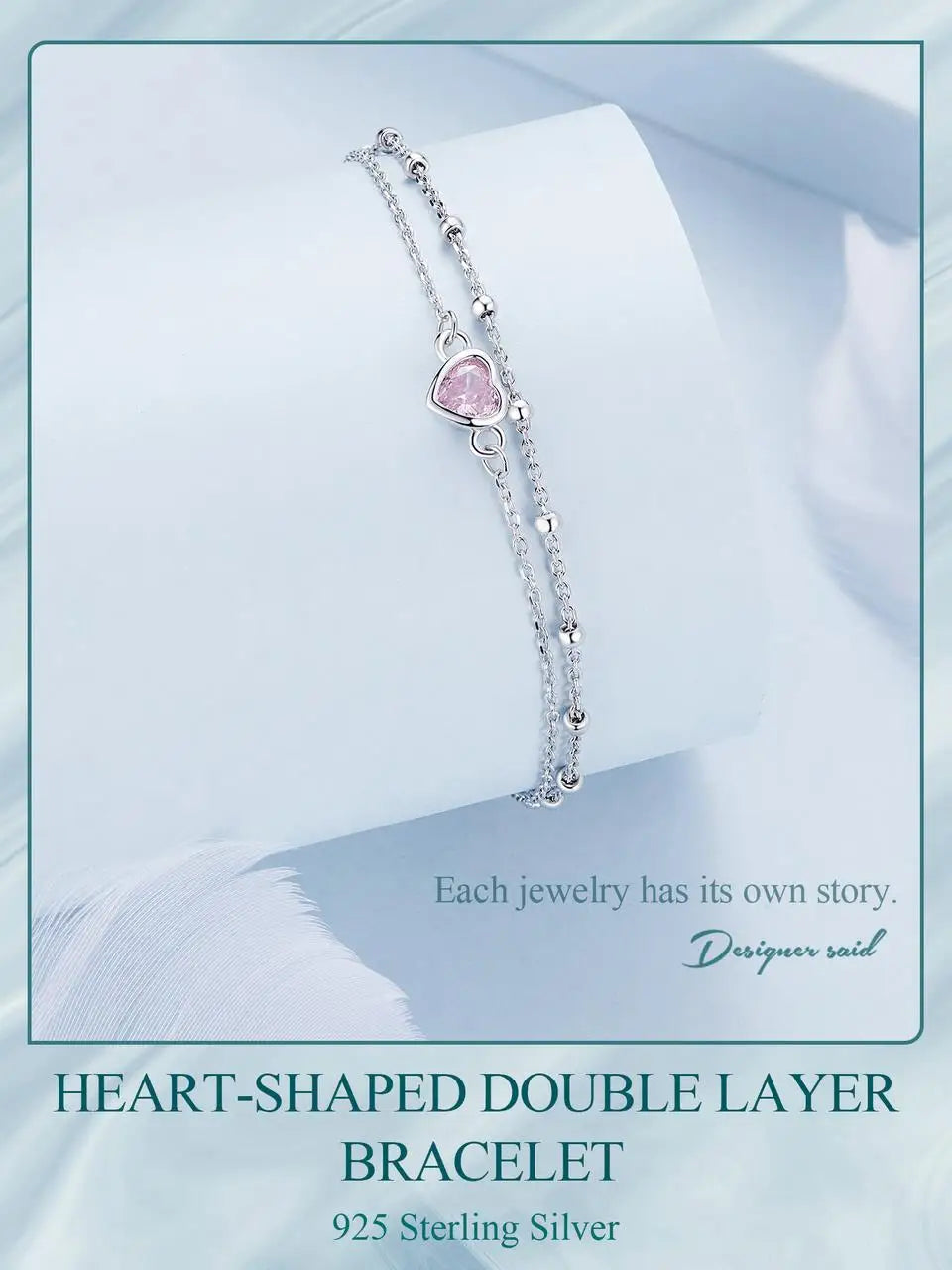 925 Sterling Silver Double Layer Bracelet Pink Heart Adjustable Round Beads Chain Link for Women Valentine's Day Gift