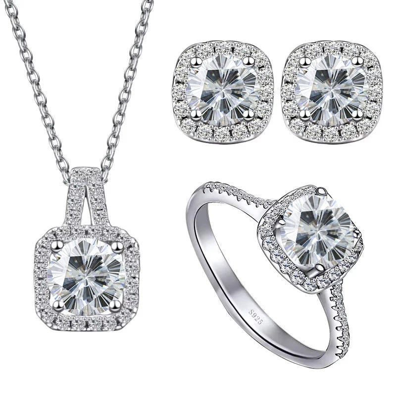 S925 Sterling Silver jewelry for women 1 carat moissanite diamond 3 pieces set necklace ring earrings wedding party