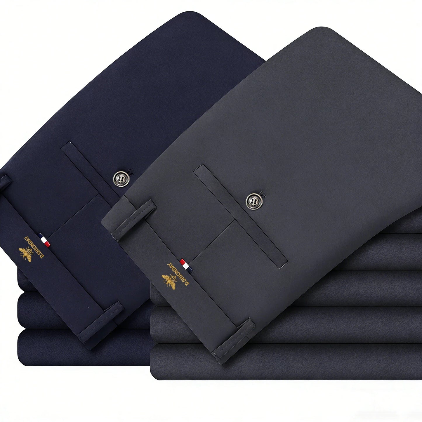 2 Pack Men's Luxury Bee Waist Logo Business Casual Pants High Elastic Slim Fit Formal Trousers for Office Commute & Daily Wear