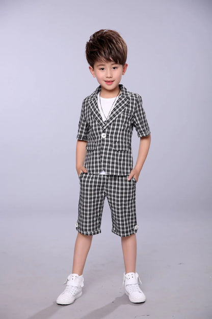2022 Children Summer Formal Suit Boys Blazer+Shorts 2Pcs Photograph Set Kids Plaid Wedding Performance Dress Ceremony Costume