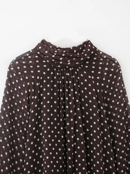 New Women Bow Collar Blouse Vintage Polka Dot Printed Loose Tops Fashion Elegant Spring Long Sleeve Commuting Shirts