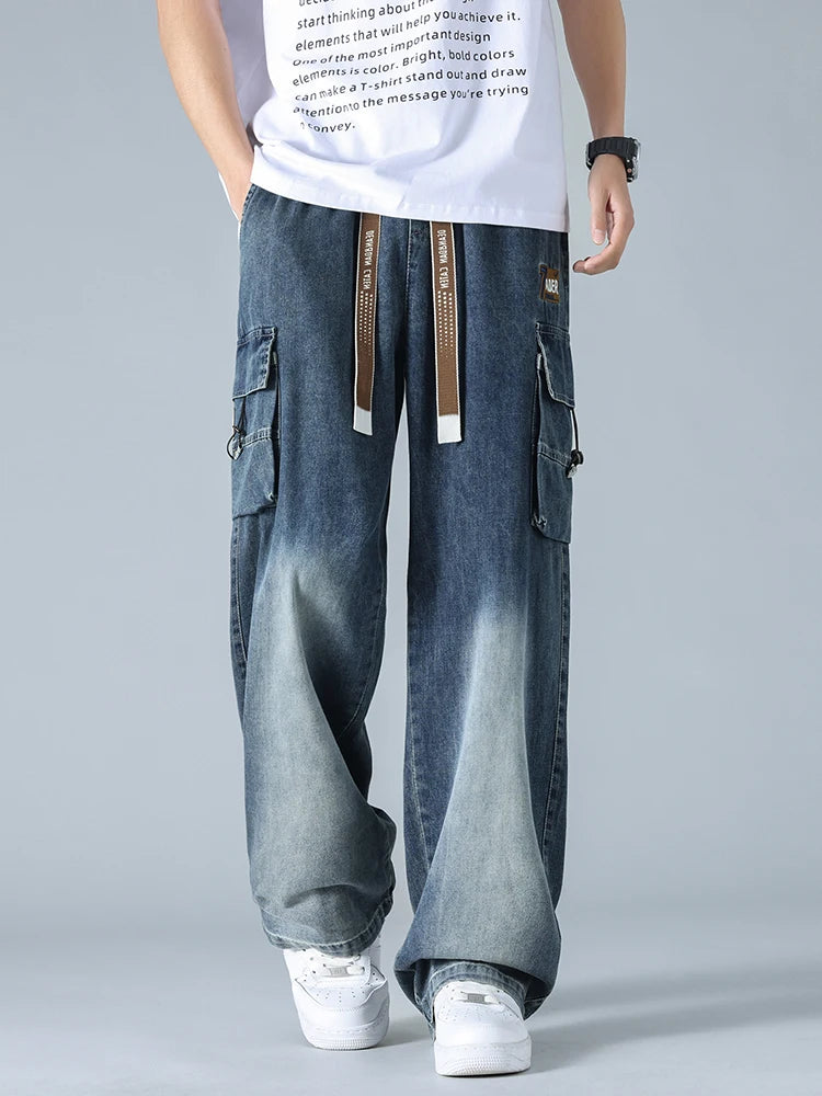 Summer Men's Straight Jeans Multi-Pockets Wide Leg Denim Cargo Pants 8XL 7XL 6XL Big Size Lightweight Baggy Solid Jeans Trousers