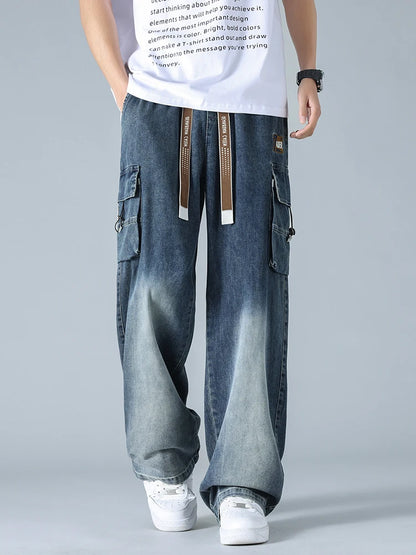 Summer Men's Straight Jeans Multi-Pockets Wide Leg Denim Cargo Pants 8XL 7XL 6XL Big Size Lightweight Baggy Solid Jeans Trousers