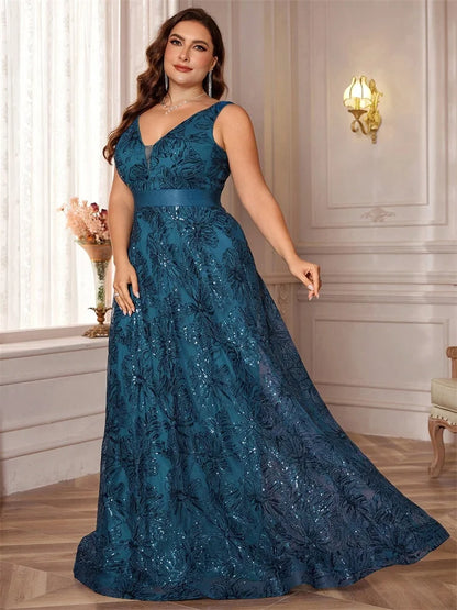 Plus Size Luxury V-Neck Black Sequins Evening Dresses Women Elegant V-back Wedding Party Long Prom Cocktail Gowns