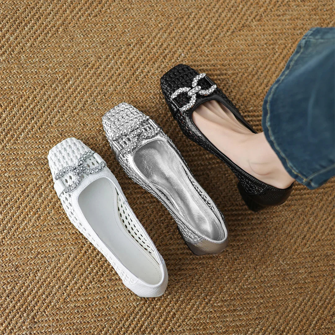 Women's genuine leather braided microfiber patchwork summer breathable pumps crystal buckle 4cm thick med heel daily dress shoes