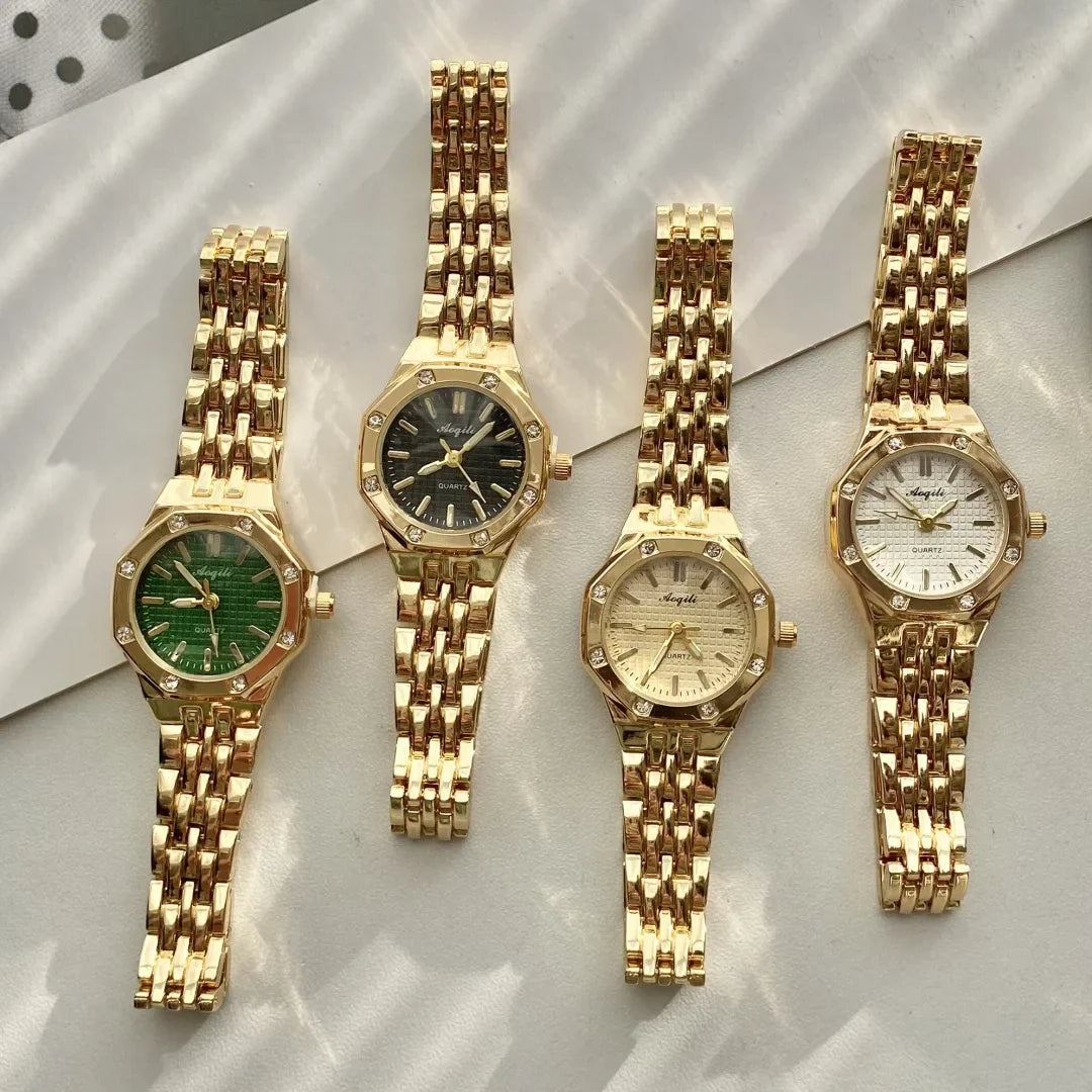 Women's Fashion Round Room Gold Steel Band Quartz Wristwatch Luxury Ladies Golden Watch for Women Clock Female Reloj