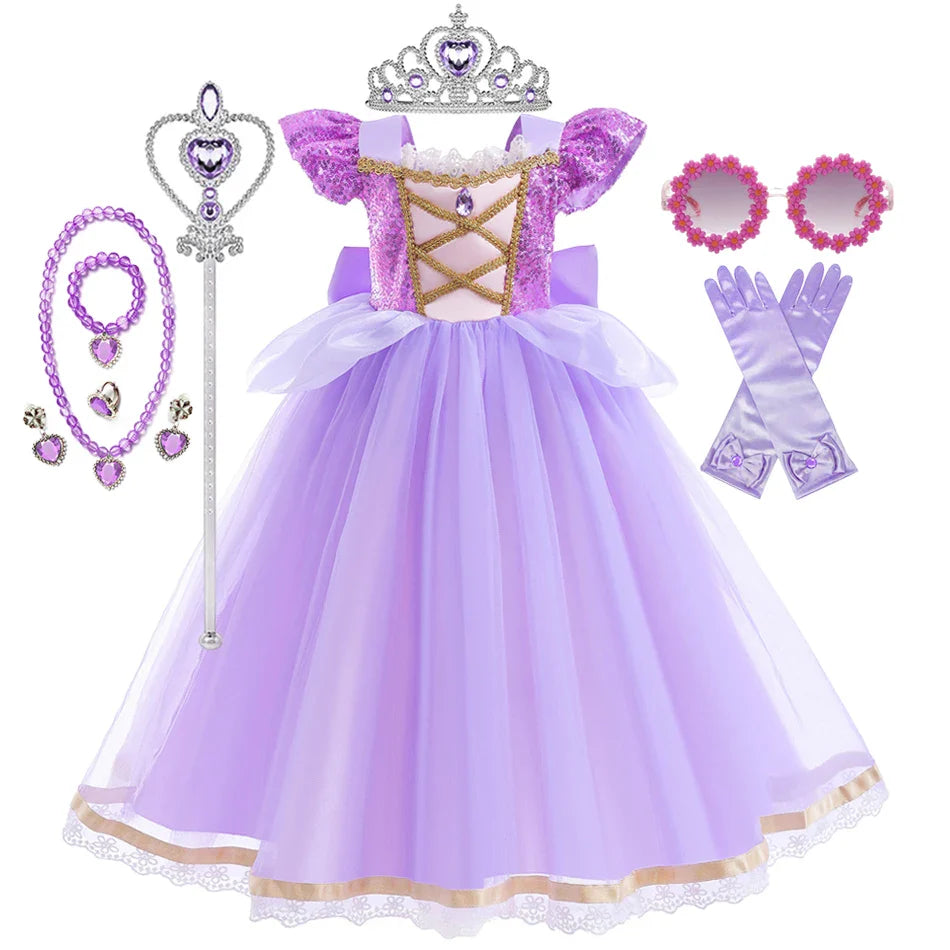Vestido de Princesa Verão Rapunzel Menina Cosplay Enrolados Festa de Aniversário de Halloween Vestido Fantasia de Aniversário Infantil