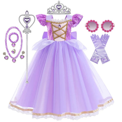 Vestido de Princesa Verão Rapunzel Menina Cosplay Enrolados Festa de Aniversário de Halloween Vestido Fantasia de Aniversário Infantil