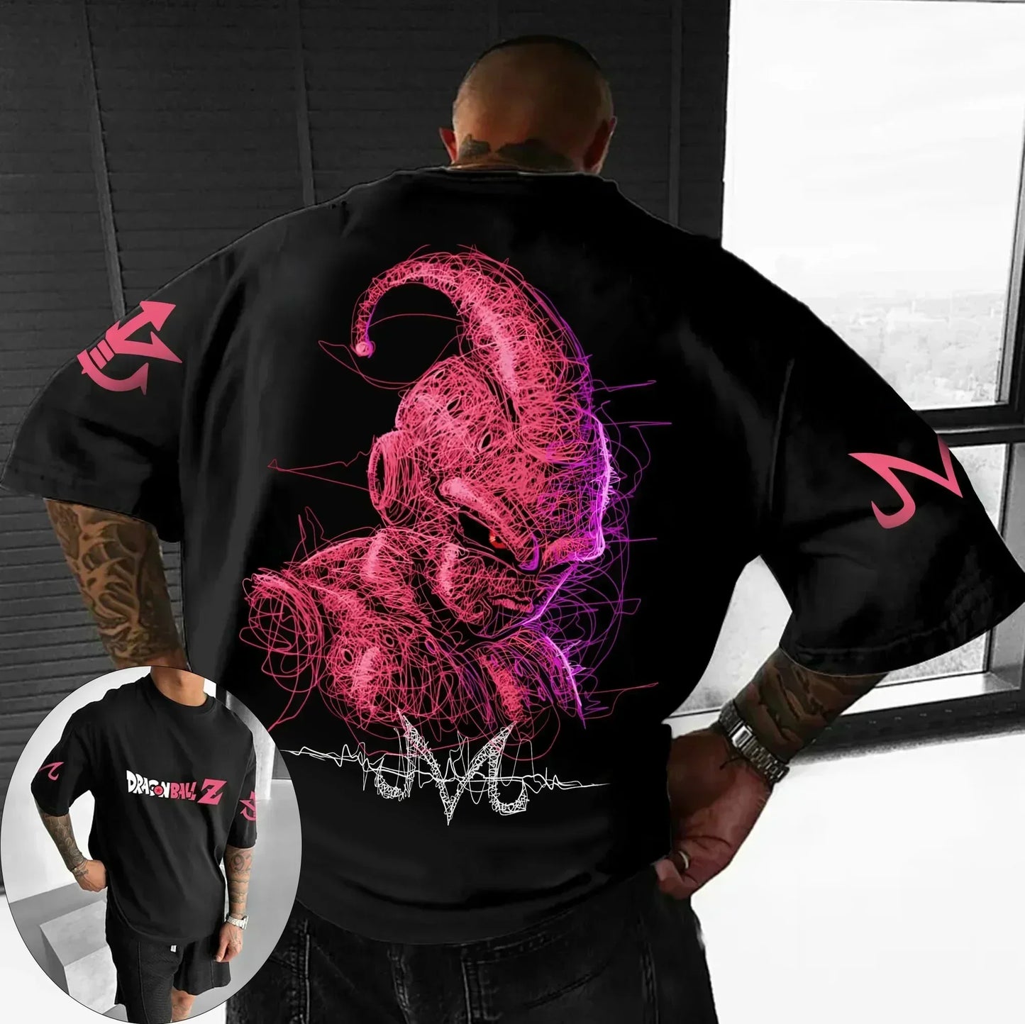 Oversized T-shirt High Quality 100% Cotton Kid Goku with Power Pole Line Art Print UnisexCasual Y2K