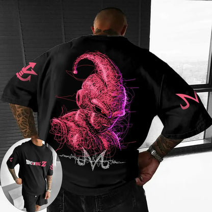 Oversized T-shirt High Quality 100% Cotton Kid Goku with Power Pole Line Art Print UnisexCasual Y2K