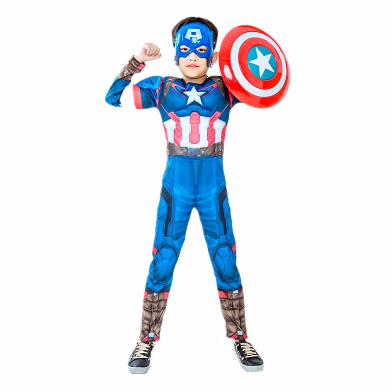 3-12Y Boy's Captain America Costume Superhero Roleplay Onesie School Performance Outfit with Mask and Shield Toy Gift
