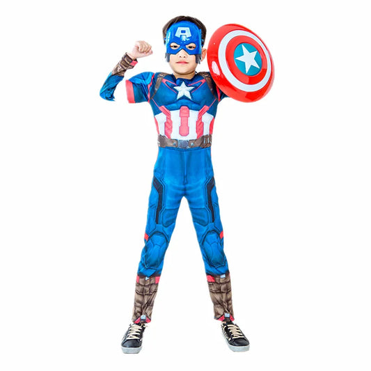 3-12Y Boy's Captain America Costume Superhero Roleplay Onesie School Performance Outfit with Mask and Shield Toy Gift