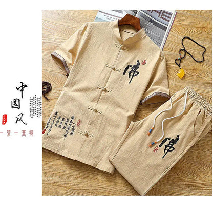 Summer Chinese style Shirts + Pants Dragon Embroried 100% Cotton linen Sportswear Men's Casual Sets Male Fashion Chinese style