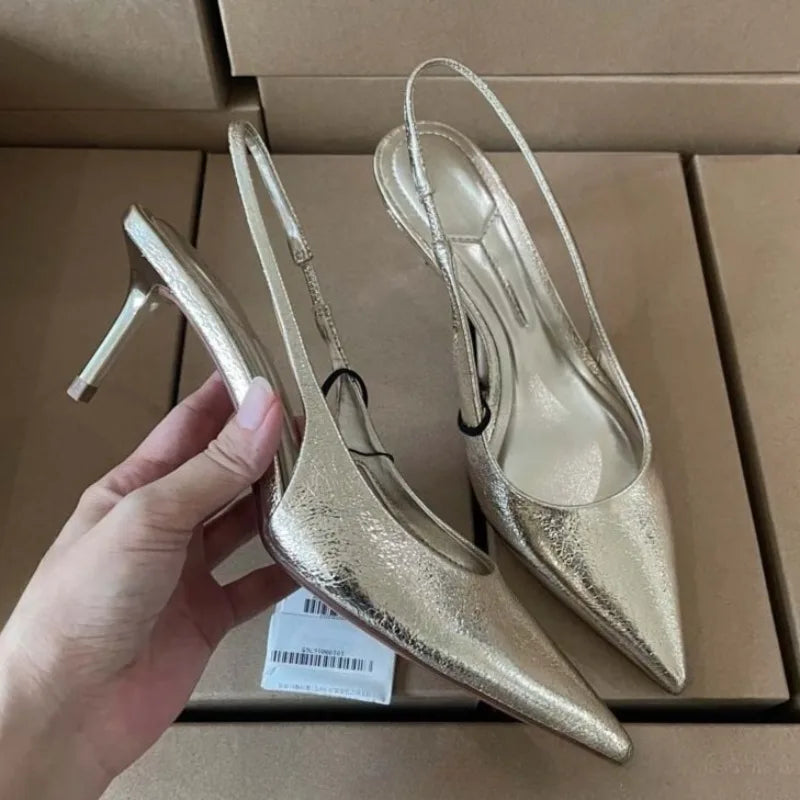 Sapatos femininos de salto alto para escritório e carreira Bico fino sexy Design conciso Dourado brilhante para festa à noite Scarpin slingback