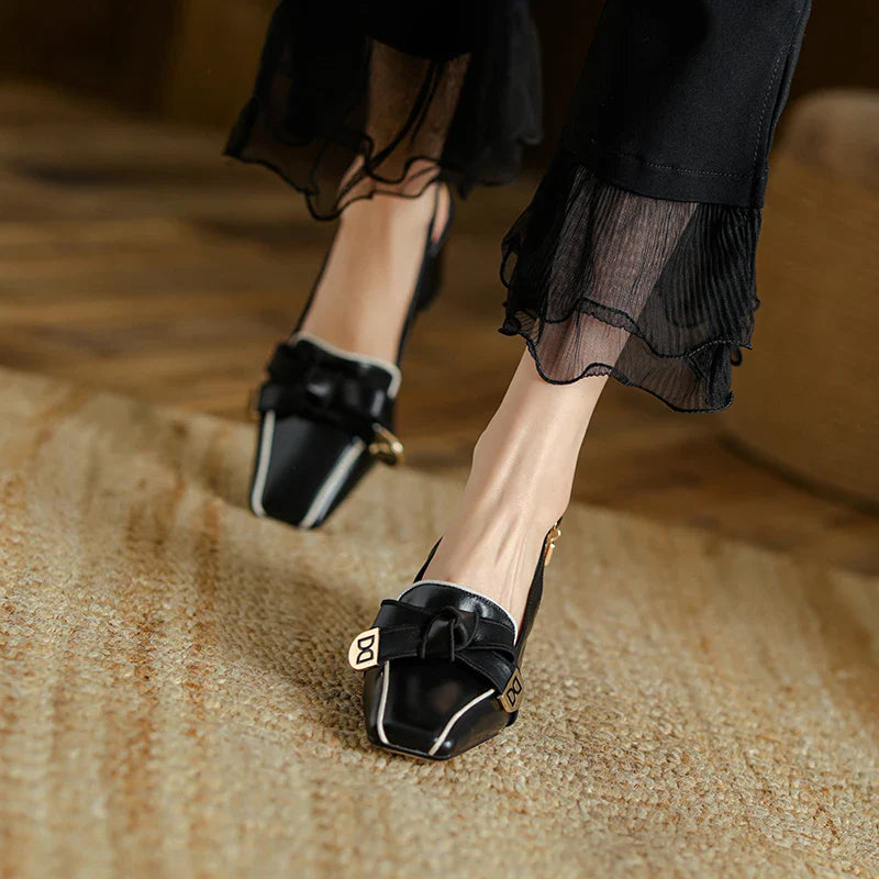 2025 French Style Genuine Leather Sandals Women Covered Toe Butterfly Knot Party Dating Sandals Office Ladies Pumps