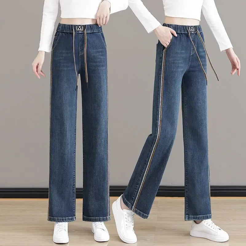 Women Elastic High Waist Wide Leg Denim Pants