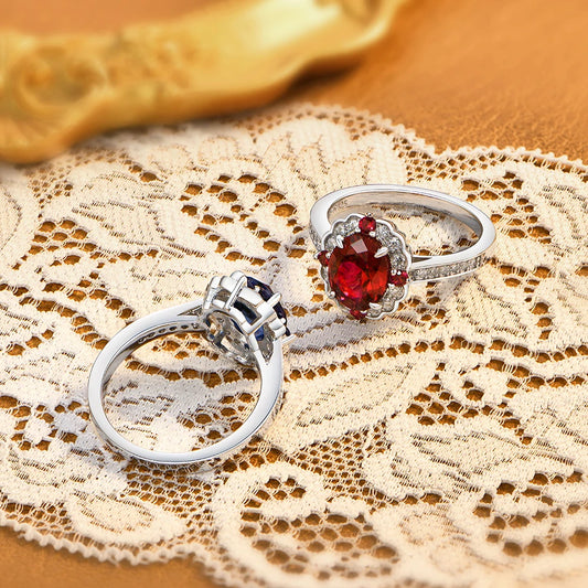 S925 Silver Oval Cut Colored Gemstone Halo Rings Ruby/Emerald/Sapphire Wedding Jewelry forWomen Vintage Birthstone Gift