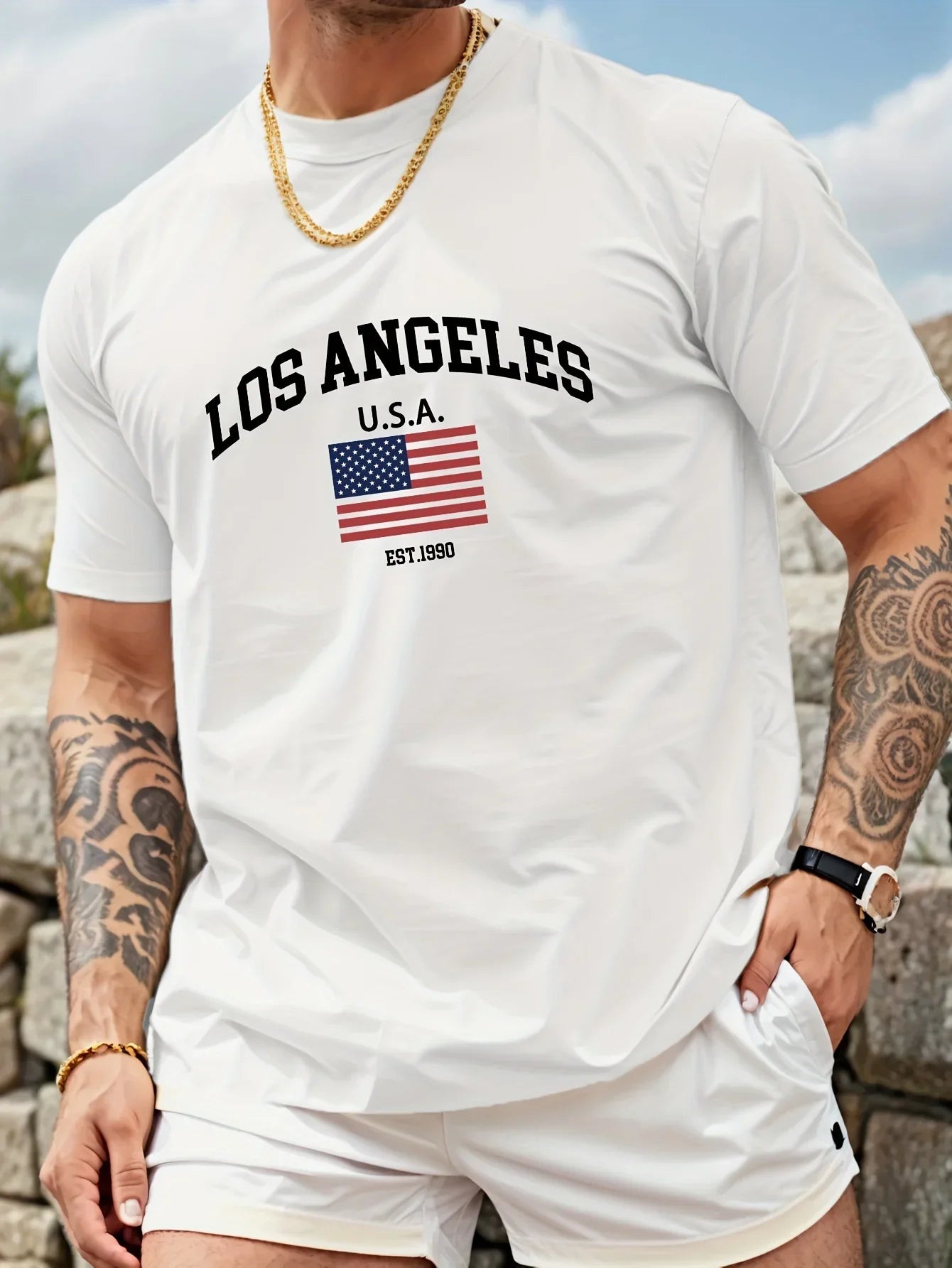 Vintage Los Angeles USA Flag Print on Premium 100% Cotton Mens T shirt Perfect for Summer West Coast Streetwear and Casual Style