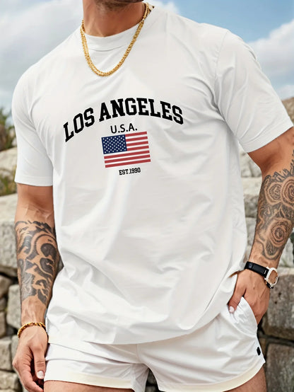 Vintage Los Angeles USA Flag Print on Premium 100% Cotton Mens T shirt Perfect for Summer West Coast Streetwear and Casual Style