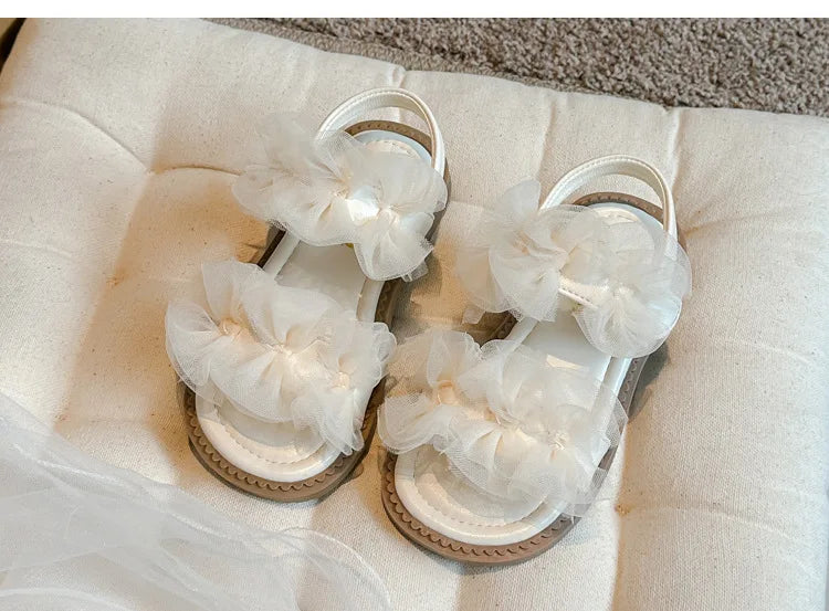Girls' Sandals 2024 Summer New Fairy Style Princess Sandals with Mesh Bow Kids Versatile Fashion Sweet Beach Shoes for Vacation
