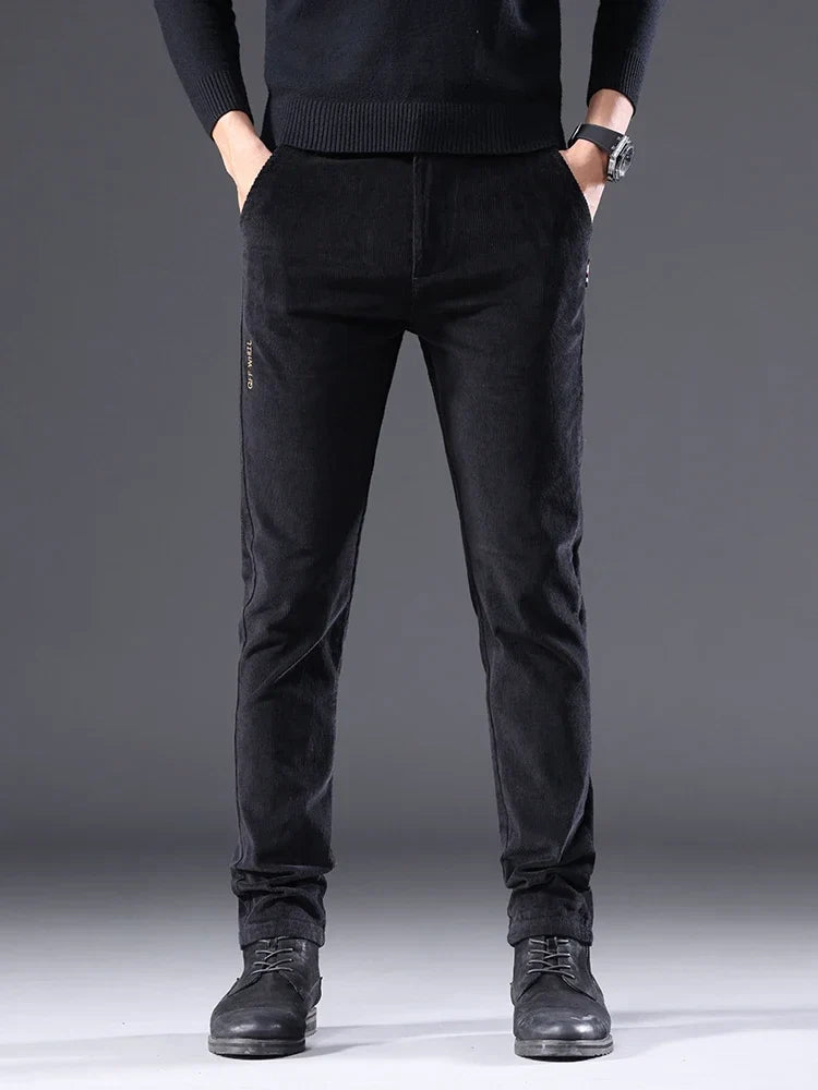 Men's Corduroy Slim Casual Pants 2024 Autumn New Coffee Fashion Stretch Straight Trousers Solid Color Male Clothes