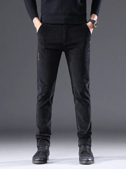 Men's Corduroy Slim Casual Pants 2024 Autumn New Coffee Fashion Stretch Straight Trousers Solid Color Male Clothes