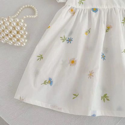 2026 Girls Dress Korean Edition Summer New 2-6Yrs Cotton Embroidered Flower Short Sleeve Girls' Dress Cute Dress