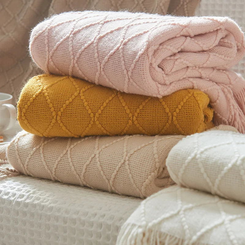 White Boho Throw Blankets Textured Big Knitted Blankets Chunky Vintage Luxury Throw Bedspread Blanket Cover Manta Para Sofá