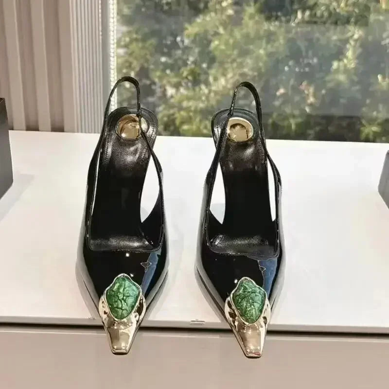 Luxury Metal Jewel Decoration Heels Women 2025 Sexy Pointed Toe Patent Leather Women Pumps Elegant Banquet High Heeled Sandals