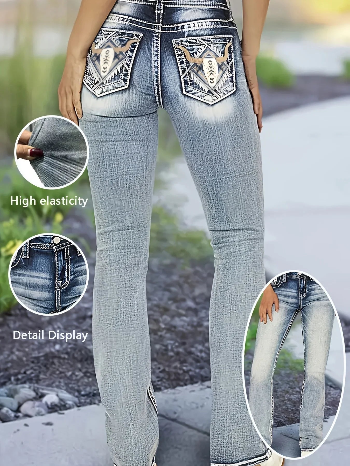 Women's jeans with cow head embroidery, vintage style, versatile and comfortable in all seasons, washed blue flared jeans