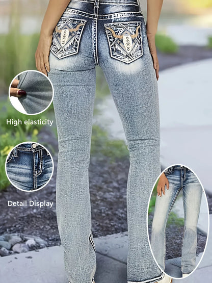 Women's jeans with cow head embroidery, vintage style, versatile and comfortable in all seasons, washed blue flared jeans