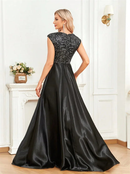 Vestido Longo Preto Elegante com Lantejoulas para Noite Feminino 2025 Luxuoso Decote U Cetim Formatura Festa Coquetel
