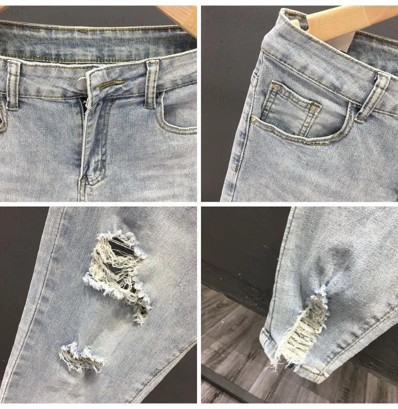 2023 Spring and Autumn New Men's Fashion Solid Color Ripped Jeans Men's Casual Comfort Elastic High-Quality Small Foot Pants