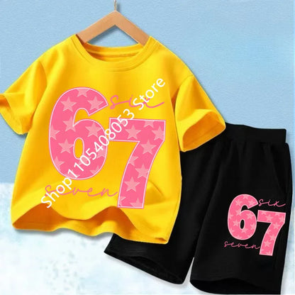 New 67 Number Six Seven Print Kids Cool Summer T-shirt 3-12Yrs Clothes Cartoon Short-sleeved+Shorts Boys Girls Sports Casual Set