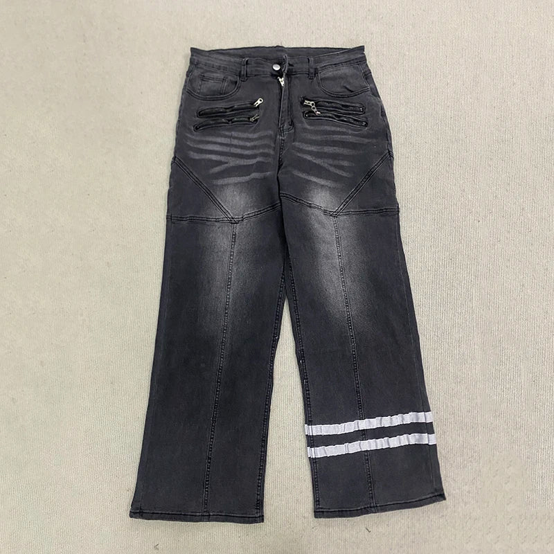 Spring new American retro high street ins trendy jeans straight leg loose dark printed casual pants long pants