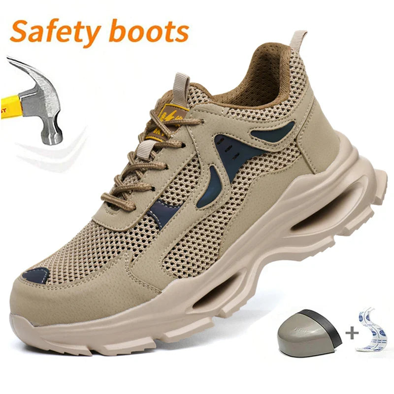 Summer Safety Shoes Anti-puncture Khaki Lightweight Breathable Men's Safety boots Durable Impact Resistant Work Sneaker