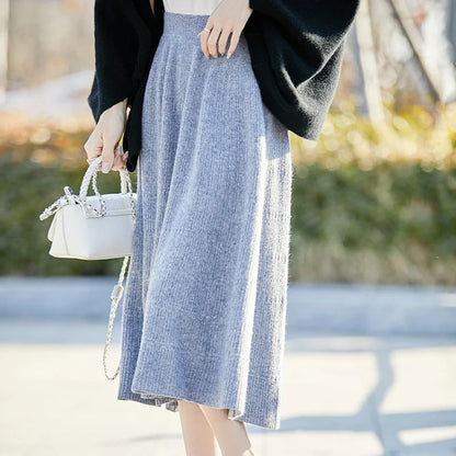 Autumn And Winter High Waist 100% Pure Wool Skirt Female Slim Long Knitted Wool Skirt Loose Wearing A-Line Skirt
