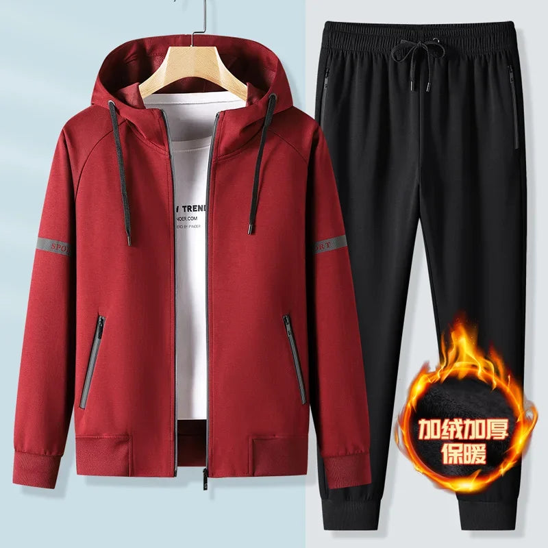 Thicker Fleece Jacket+Pants 2 Pieces Men Winter Tracksuit Sets Black Red Gray Sets Hoodies Casual Hooded Warm Sweatshirts+Pants