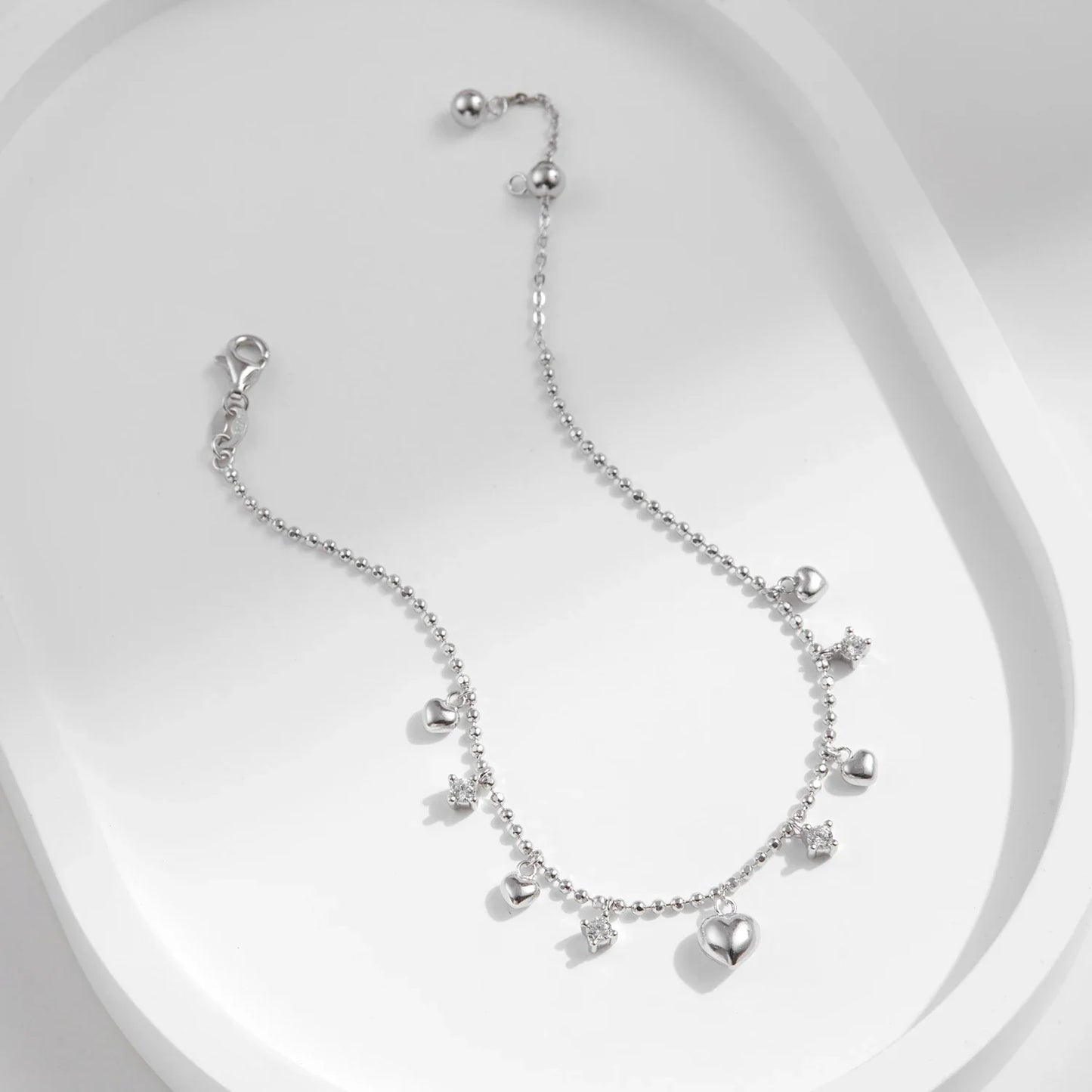 925 Sterling Silver Delicate Mirror Hearts Charm Beads Bracelet Romantic Trendy Link Chain For Women Fine Jewelry