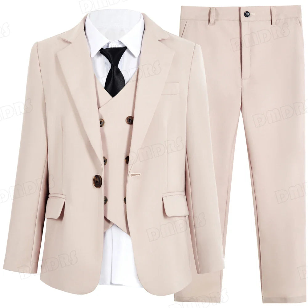 Boy's Solid 4-Piece Suit Set, Single Button Blazer Jacket, Vest, Pants Bow-tie, Wedding Party Dresswear for Kids In Stock
