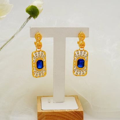 Women Gold Color Jewelry Sets Blue Pendant Necklace Earrings Bracelet Ring Sets Party Gifts